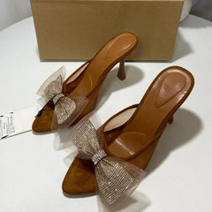 Aiertu  -  Summer Pointed Shoes Woman Open Toe High Heels Shallow Diamond Shining Butterfly-Knot Slingbacks Mesh Ladies Mules Sandals Aiertu