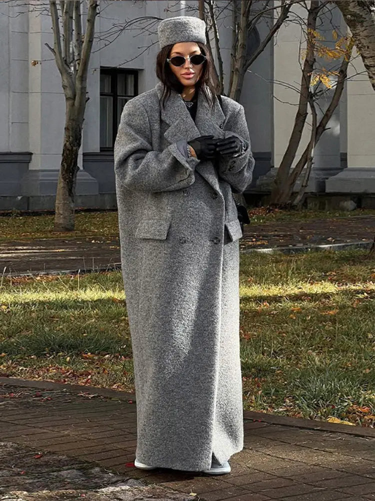 Aiertu  -  Fashion Grey Lapel Long Woolen Coats Women Double-breasted Pockets Long Sleeves Overcoat 2026 Autumn Lady Street Outerwear Aiertu