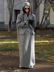 Aiertu  -  Fashion Grey Lapel Long Woolen Coats Women Double-breasted Pockets Long Sleeves Overcoat 2026 Autumn Lady Street Outerwear Aiertu