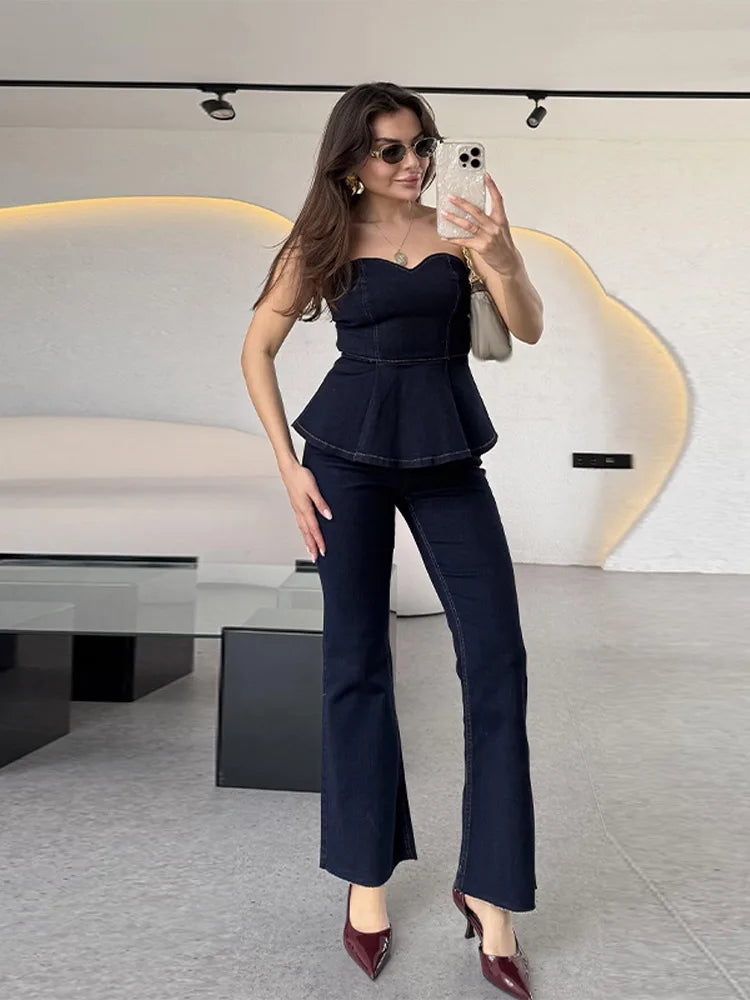 Aiertu  -  Fashion Denim Tank Jeans Set Women Strapless Sleeveless Ruffle Crop Tanks High Waist Flare Pants Female Sets 2025 Spring Summer Aiertu