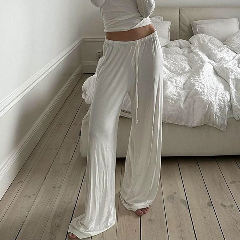 Aiertu  Casual Loose White Straight Leg Women Pants Homewear Sweatpants Shirring Basic All-Match Full Length Trousers Bottoms Aiertu
