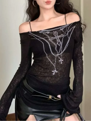 Aiertu  -  New Fashion Women Off Shoulder Black Long Sleeve T-Shirt Korean Retro Gothic Y2K High Printed Thin Knitted One Word Neck T-Shirt Aiertu