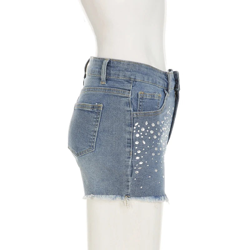 Aiertu  -  y2k Rhinestone Denim Shorts Summer Casual Low Rise Skinny Short Jeans for Women Streetwear All-match Shorts Harajuku 90s Aiertu