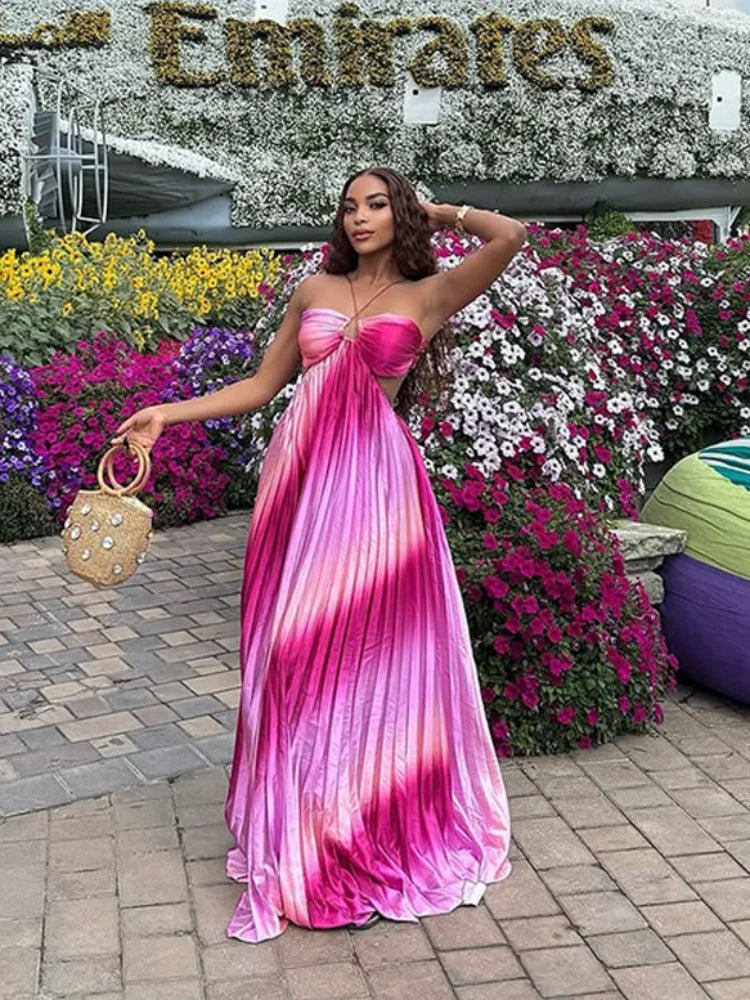 Aiertu  -  Rainbow Halter Pleated Suspender Large Swing Women Dress Summer Beach Backless Slim Dresses 2025 Summer Vacation Chic Lady Robe Aiertu