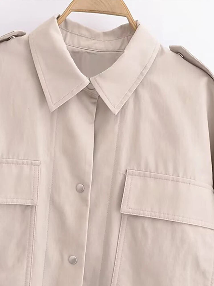 Aiertu  -  Fashion Lapel Spliced Coats Women Casual Single-breasted Pockets Short Sleeve Female Jacket Autumn Lady Solid Loose Outwear Aiertu