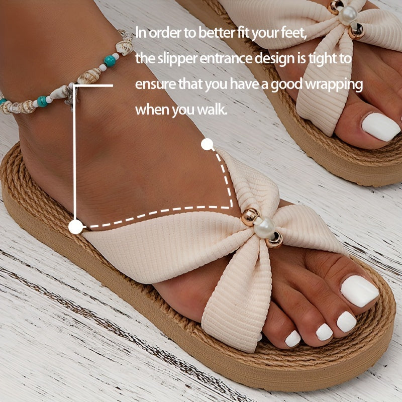 Aiertu Chic Summer Slides for Women - Faux Pearl Embellished Crisscross Strap, Open-Toe, Flat Heel, Comfortable, Breathable, Casual Beach Shoes for Outdoor Activities Aiertu