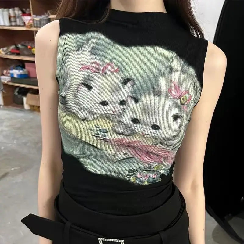 Aiertu  -  Trendy Kawaii Cute Cat Print T-shirt Women Summer Harajuku Y2k Half Turtleneck Crop Top Fashion Sweet Vintage Tee Shirts Femme Aiertu