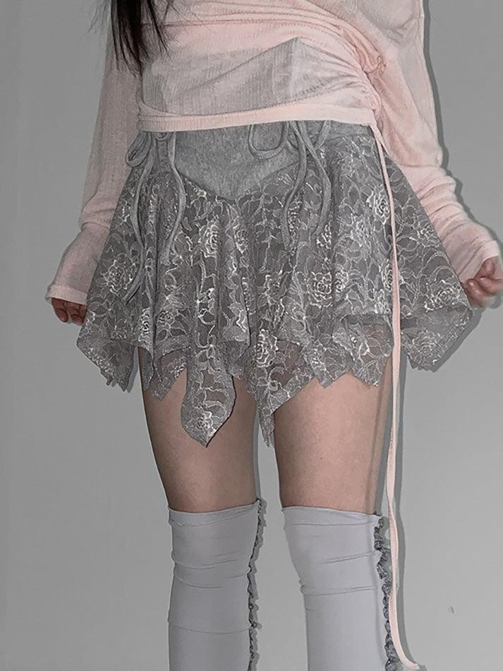 Aiertu  -Lace Ruched Asymmetrical Bow Mini Skirt aiertu