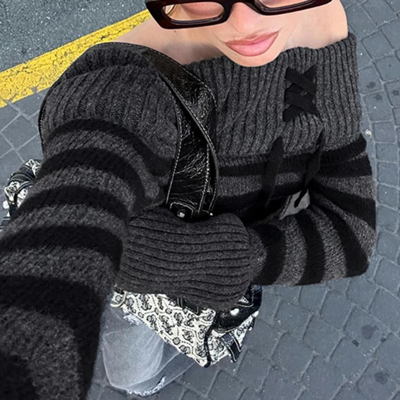 Aiertu  -  cold weather outfits Y2K Striped Off Shoulder Women Sweater Lace-up Chic Stylish High Street 2000s Jumper Autumn Harajuku Knitwear Tops Aiertu