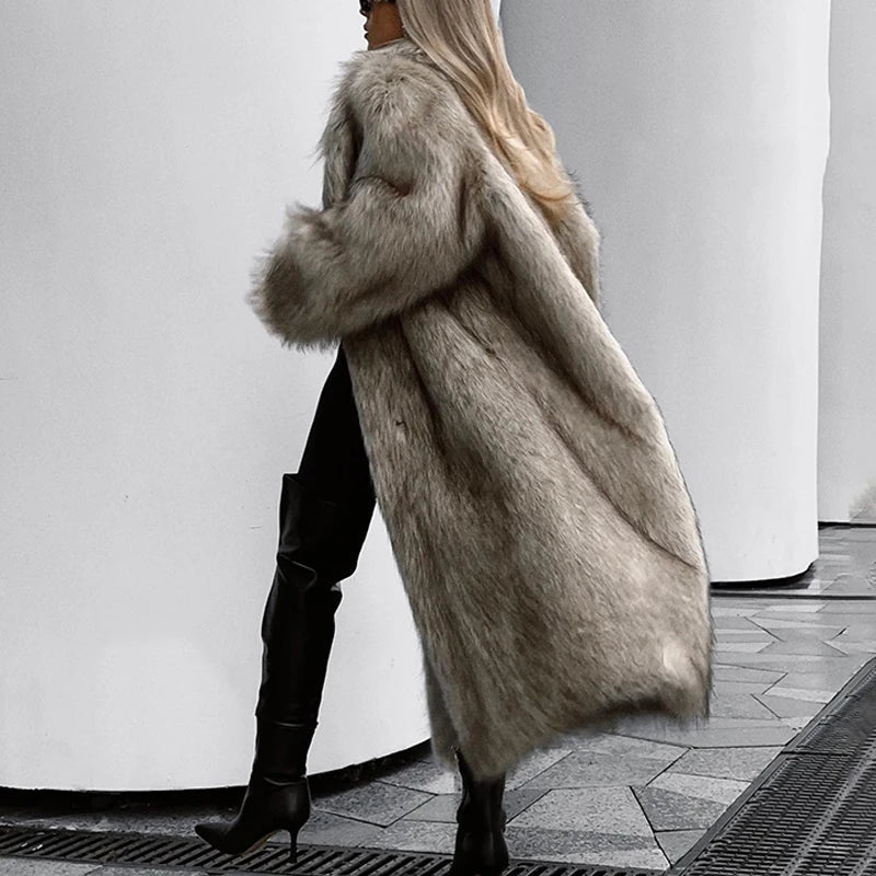 Aiertu  -  Luxury Long Faux Fur Coat Women Winter Fluffy Gradient Fluffy Fox Fur Jacket Female Long Trench Coat Plush Furry Overcoat Aiertu