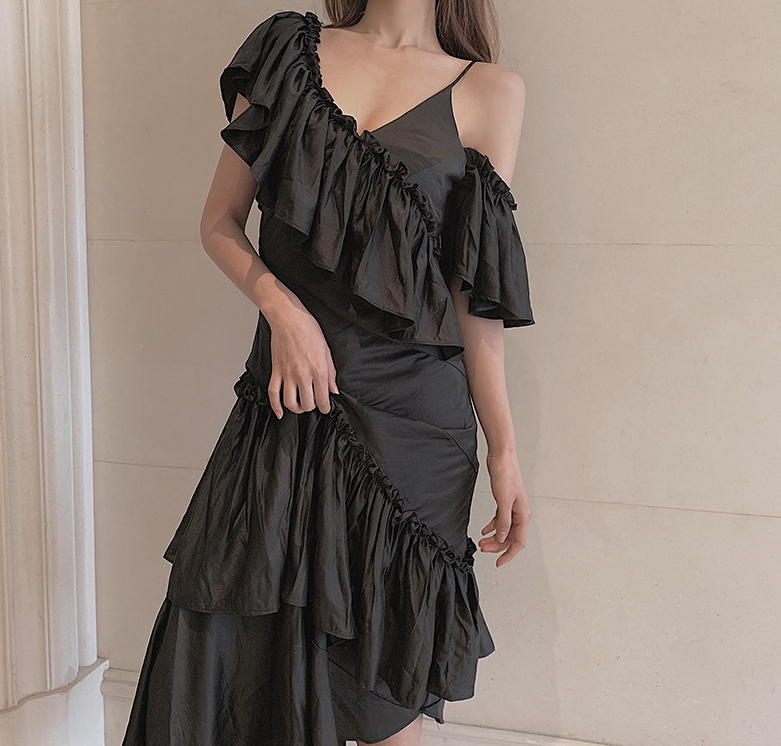 Aiertu - Sling ruffled off-shoulder slim dress Aiertu