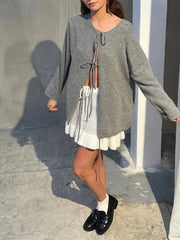 Aiertu  -  Chic Knitted Grey Lace Up Cardigan Women Casual Round Neck Long Sleeve Sweater 2026 Autumn Female Commuting Street Pullover Aiertu
