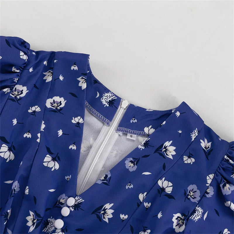 Aiertu  -  Print Short Sleeve Dress V Neck Maxi Dress For Women Elegant High Waist Button Print Sexy Slim Fashion Holiday Dress Aiertu