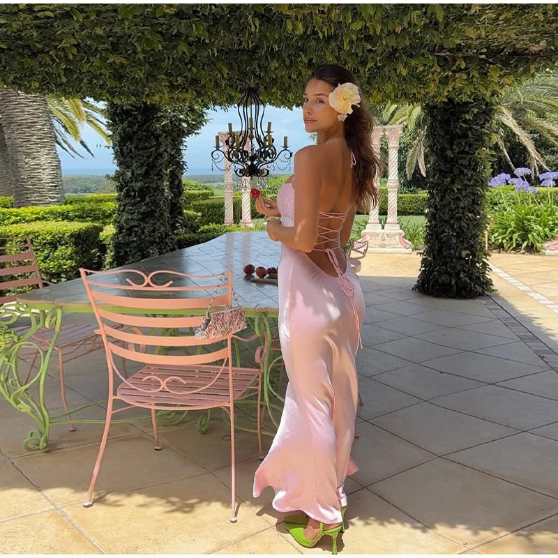 Aiertu  -  Fashion Sequin Halter Spliced Women dress V-neck  Backless Pleated Slim Fishtail Dresses 2026 Summer Beach Party Lady Robe Aiertu