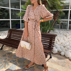 Aiertu - V-neck high waist lace up split holiday long dress Aiertu