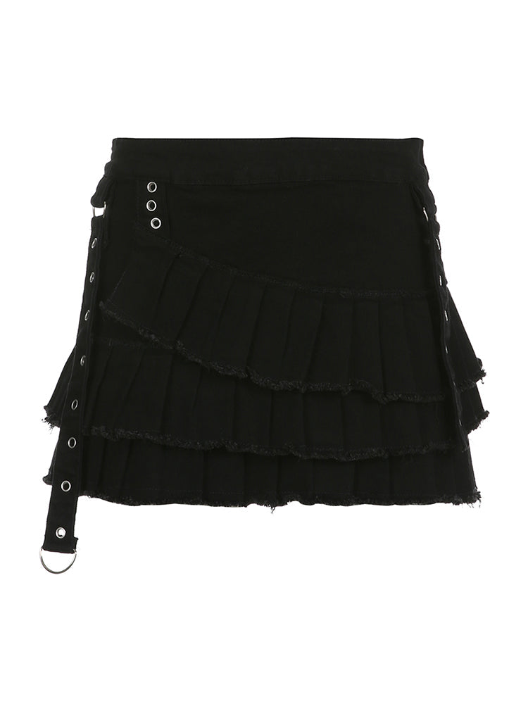 Aiertu - summer inspo Punk Gothic Black Eyelet Ribbon Denim Skirt Women Low Waist Asymmetrical Tiered Pleated Short Jean Skirts Y2K Aiertu