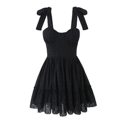Aiertu  -  Summer 2025 Women Hollow Out Embroidery Sling Mini Dresses Lacing Up Back A-line Cotton Black White Short  Dresses Party Robe Aiertu