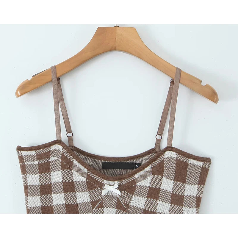 Aiertu  -  Sexy Spaghetti Straps Bow V Neck Knit Plaid Dress Women Summer 2026 Bodycon Mini Dresses Aiertu