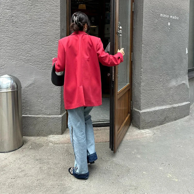 Aiertu  -  Elegant Red Lapel Blazer Coats Women Loose One Button Long Sleeve Solid Jackets 2026 Autumn New Female Urban Tops Streetwear Aiertu