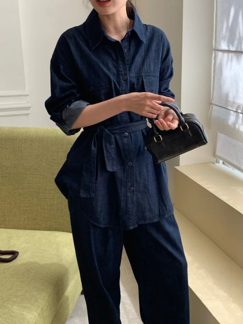 Aiertu  -  Sweet Hot Girl Suit Women's Autumn Lace-up Denim Single Breasted Shirt Loose Casual Pants Two-piece Set Fashion Female Clothes Aiertu