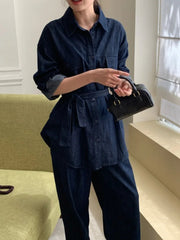 Aiertu  -  Sweet Hot Girl Suit Women's Autumn Lace-up Denim Single Breasted Shirt Loose Casual Pants Two-piece Set Fashion Female Clothes Aiertu