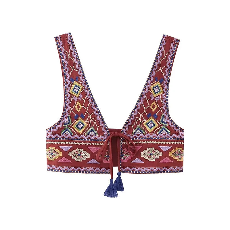 Aiertu  -  Exotic Charm Bohemian Ethnic Style Contrasting Tassel Lace Up Casual Vest Women's Embroidered Cardigan Top Aiertu