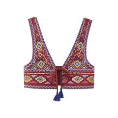 Aiertu  -  Exotic Charm Bohemian Ethnic Style Contrasting Tassel Lace Up Casual Vest Women's Embroidered Cardigan Top Aiertu