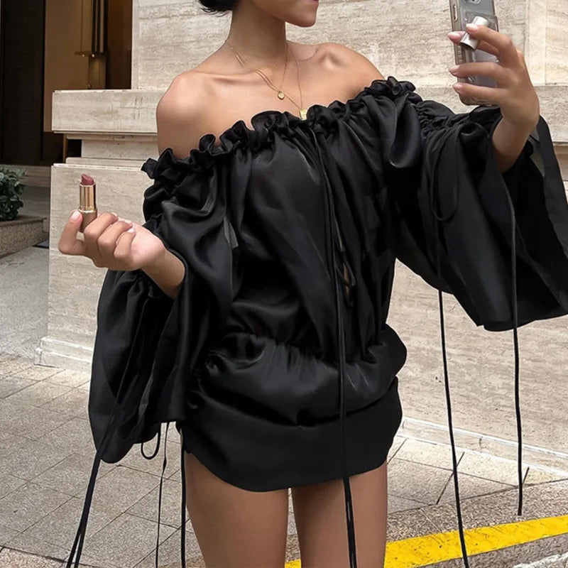 Aiertu  -  Elegant Flare Sleeve Off-Shoulder Mini Dresses for Women Ruffles Lace Up Backless Dress Lady High Street Y2K Party Club Vestidos Aiertu