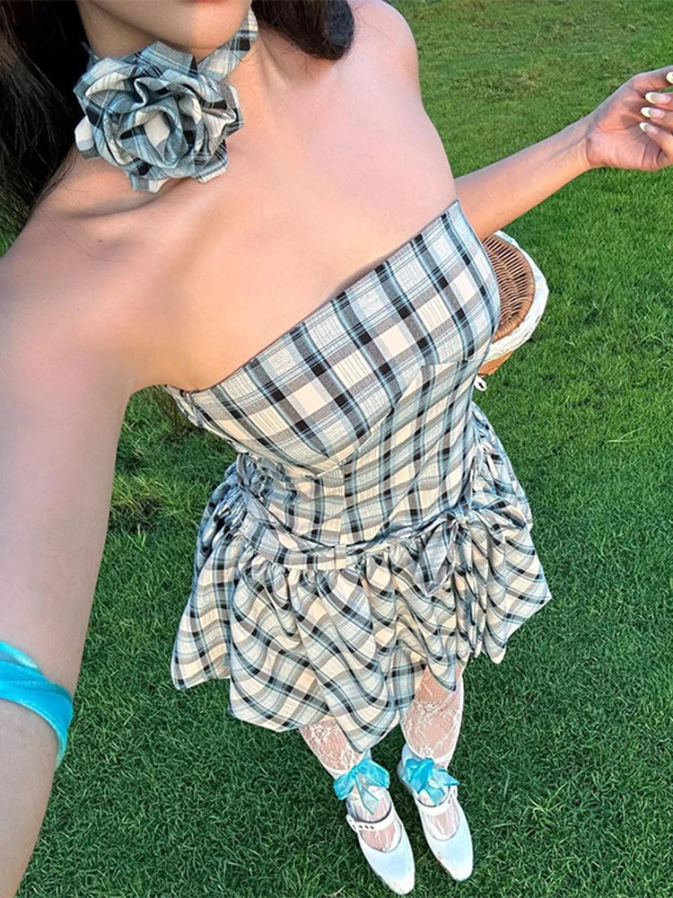 Aiertu  -  Fashion Retro Tube Top Floral Plaid Print Strap Bud Dress For Women Folds Hem Splice Mini Dress Sweet Party Dress Female Aiertu