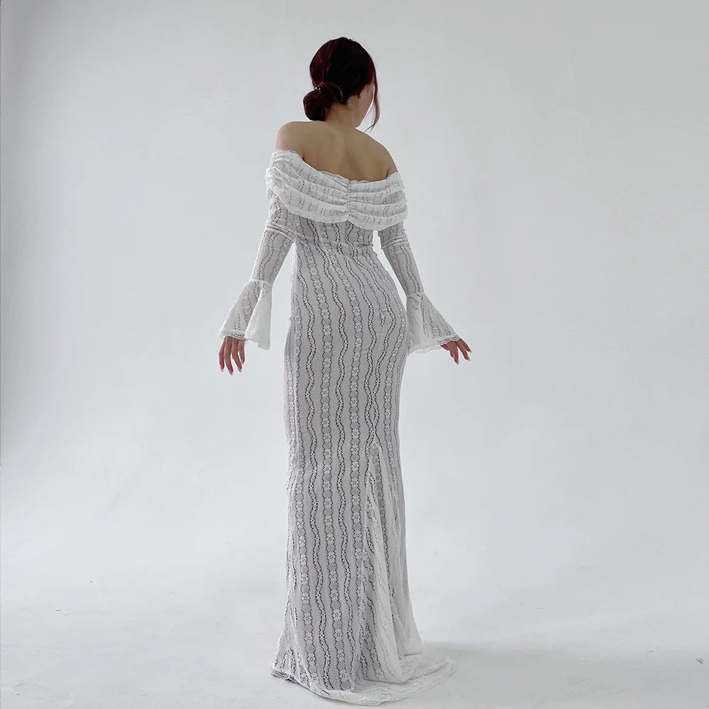 Aiertu  Autumn Long Sleeve Off The Shoulder Bodycon Dress New Mermaid Wedding Guest Party Dresses for Women White Dress Aiertu