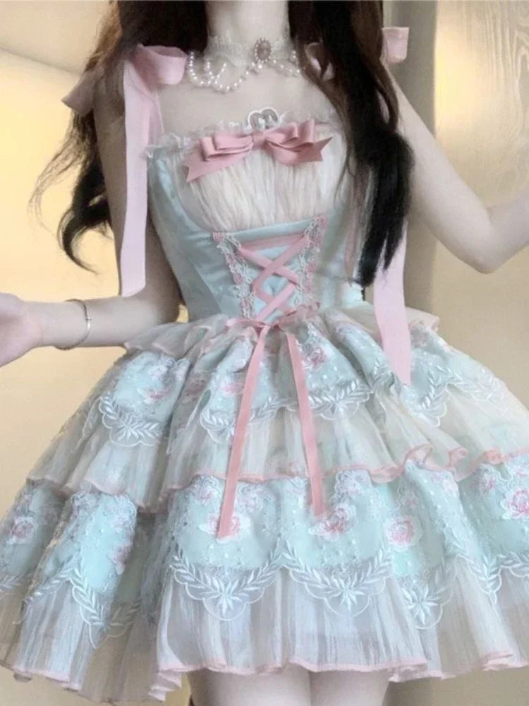 Aiertu Japanese Kawaii Lolita Sweet Mini Dress Women Vintage Elegant Chic Bow Dress Female Lace Slim One Piece Dress Princess New Aiertu