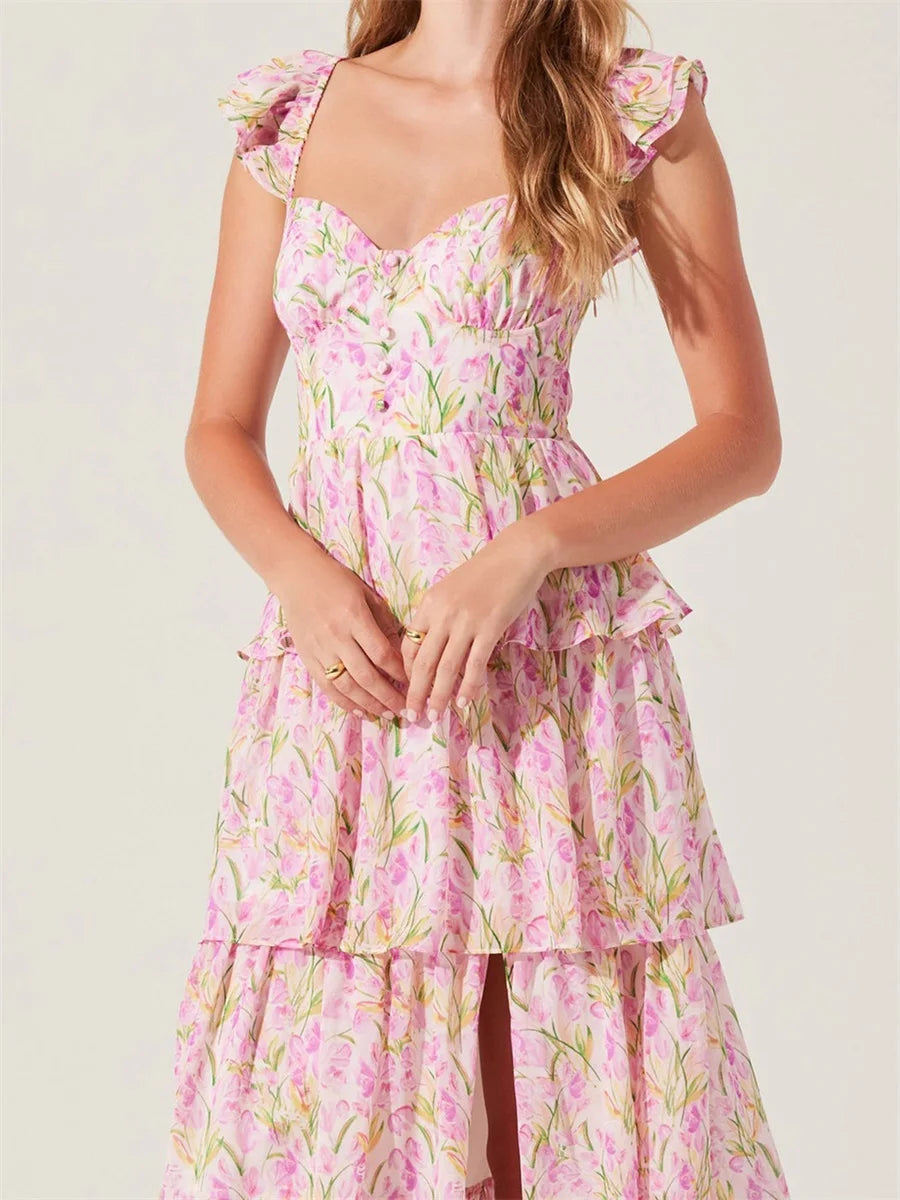 Aiertu  -  Elegant Off-Shoulder Maxi Dress with Delicate Floral Print and Flowy Ruffled Layers Perfect for Spring and Summer Events Aiertu