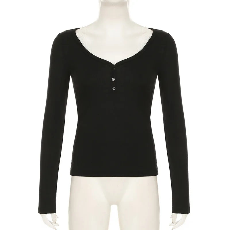 Aiertu  -   party look snspos Casual Slim Ribbed T-Shirt Women Button Up Lace Trim V Neck Long Sleeve Spring Autumn Vintage Basic Tees Aiertu