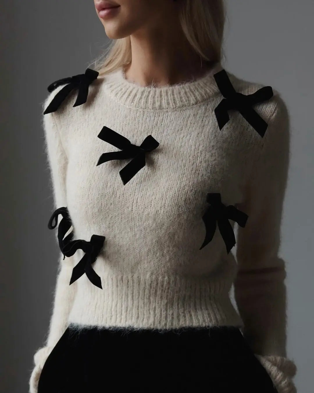 Aiertu  -   Fall Winter Knitted Bow Detail White Sweaters Tops Round Neck Long Sleeve Top Chirstmas Casual Outfits Streetwear Aiertu