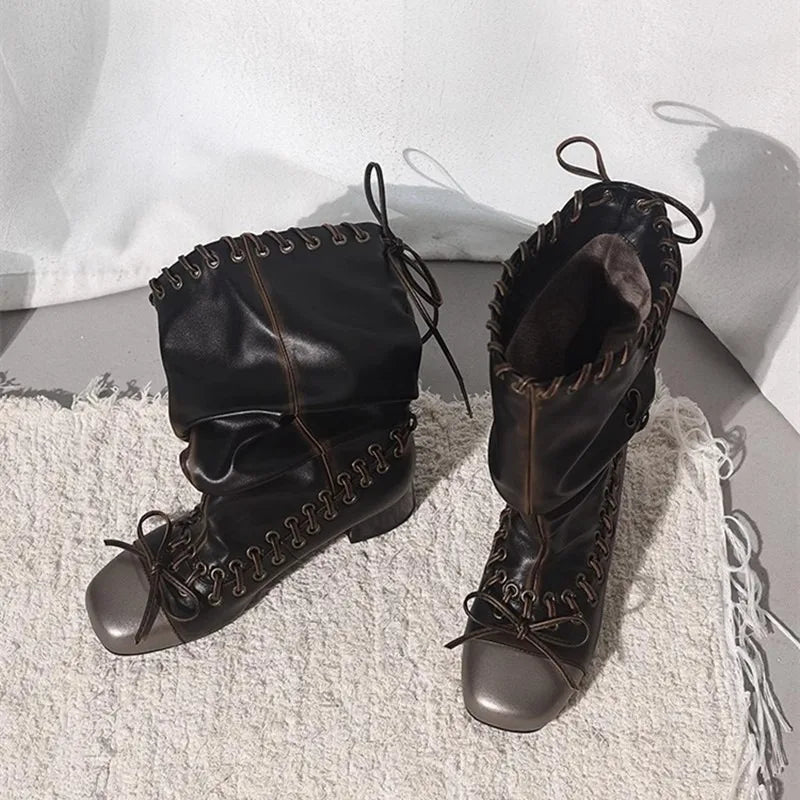 Aiertu    -  Vintage Pleated Mid-Calf Boots Cross-tied Square Toe Mid Heels Luxury Leather Fashion Novelty Sexy Concise Autumn Women Shoes Aiertu