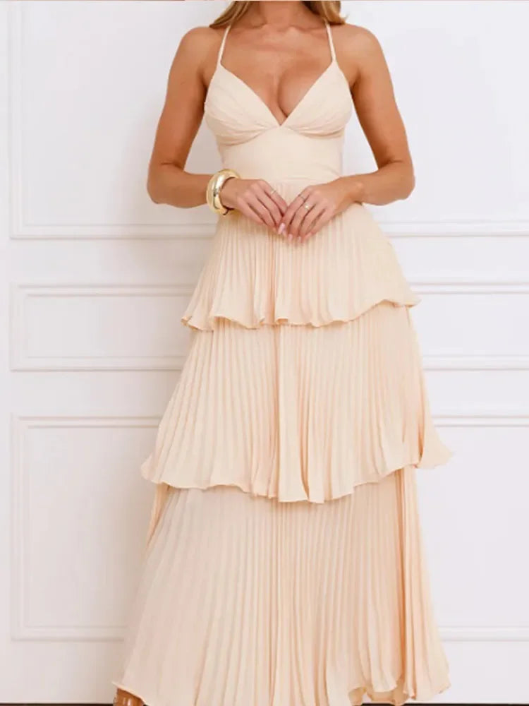 Aiertu  -  layered look inspo Femmale Yellow Sexy V-neck High Waist Bodycon Long Dresses Women Backless Lace Up Multi Layer Maxi Dress 2025 Casual Party Wear Aiertu