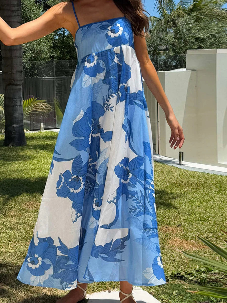 Aiertu  -   Women s Elegant Floral Print Sleeveless Maxi Dress with Adjustable Spaghetti Straps and A-Line Silhouette for Summer Beach Aiertu