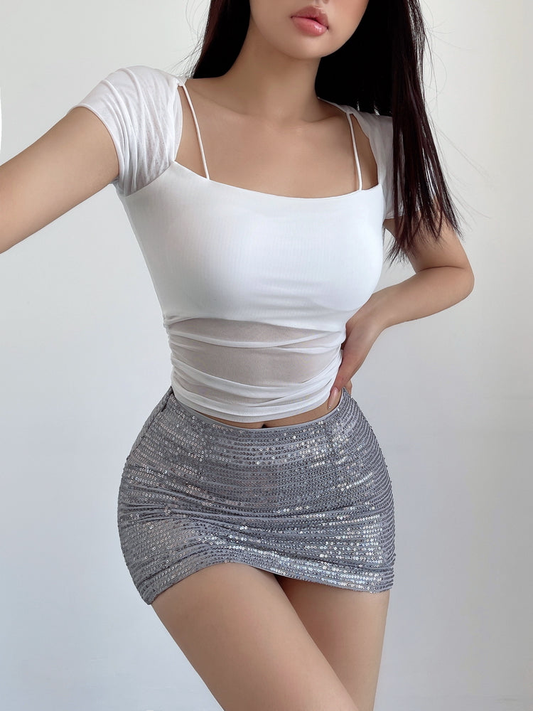 Aiertu Solid Color Sequined Slim High Waist Mini Skirt Aiertu