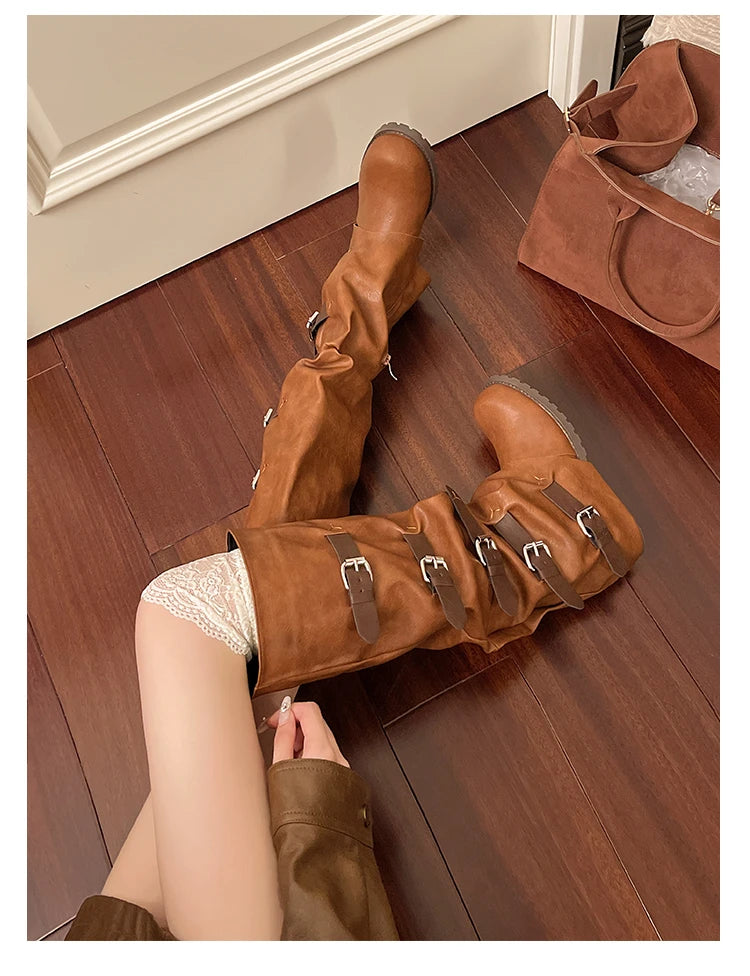 Aiertu    -  Women Knee-high Boots Summer Shoes Woman Knight Boots Woman Designer Buckle Chelsea Long Botas Pu Leather Motorcycle Shoes Aiertu