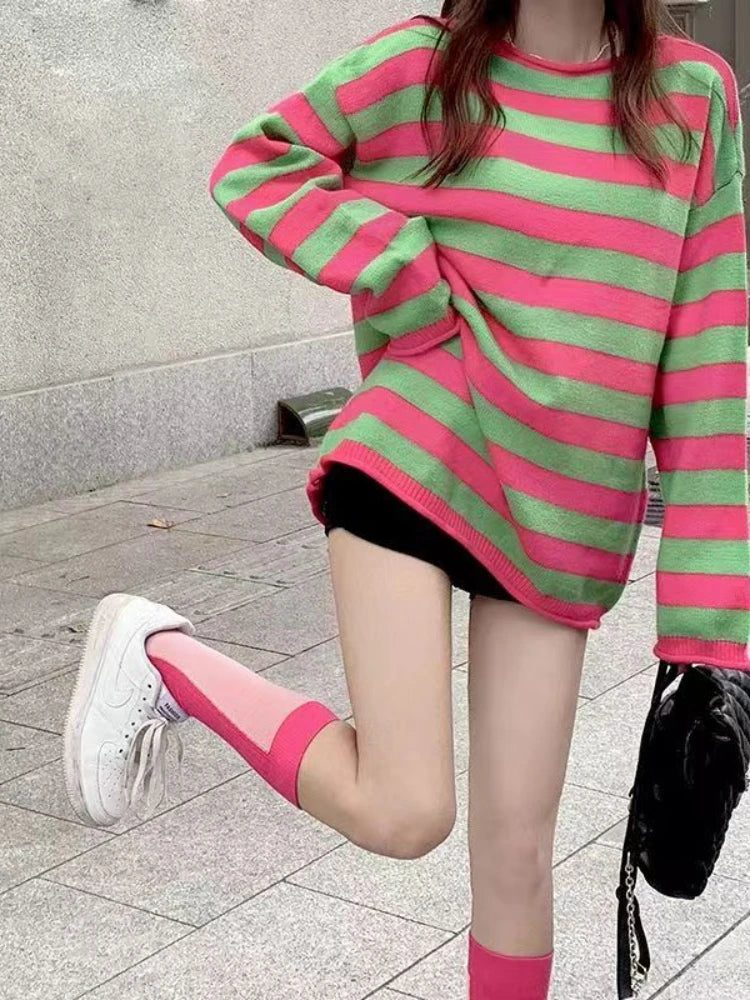 Aiertu  -  Casual Striped Sweater Women Sweet Preppy Style Long Sleeve Pullover Knitted Oversize Korean Fashion Tops Autumn Winter Aiertu