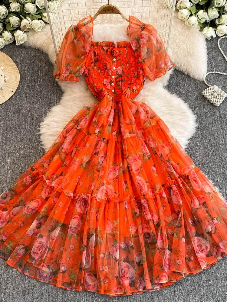 Aiertu Summer Women Floral Mesh Midi Dress Sweet Square Collar Short Puff Sleeve Ruffle Vestidos Female Elegant Purple/Green/Red Robe Aiertu