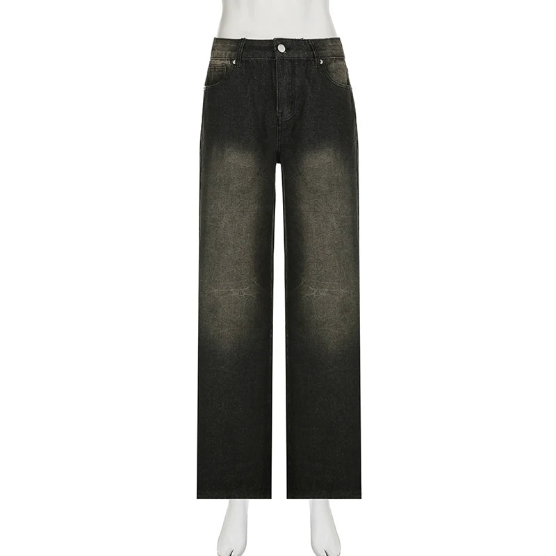 Aiertu Low Waist Jeans for Women Goth Y2k Style Baggy Jeans Punk New Jeans Wide Leg Denim Pants Kpop Casual Loose Streetwear Aiertu