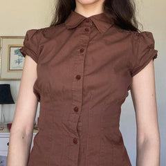 Aiertu  -  Fashion Chic Brown Summer Shirts Female Folds Slim-Waist Vintage Y2K Top Buttons Pleated Blouse Cropped Clothes Aiertu