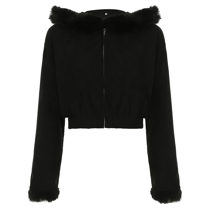 Aiertu  -  Y2K Corduroy Jacket Korean Fashion Women Furry Trim Hoodies 2000s Black Zipepr Coat Autumn Street Harajuku Outwear Aiertu