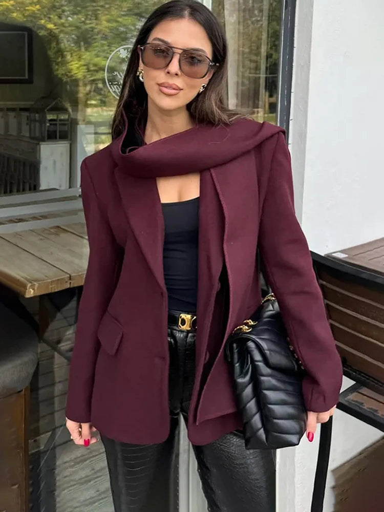 Aiertu  -  Fashion Woolen Blazer Jacket With Scarf Women's Loose Solid Pockets Long Sleeve Suits Coat Office Lady Versatile Outwear Aiertu