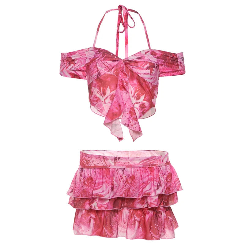 Aiertu  Sexy Tie-Dye Print 2-Piece Set Women Folds Halter Lace-Up One Shoulder Backless Tops+Tierred Mini Skirts Matching Suits Aiertu