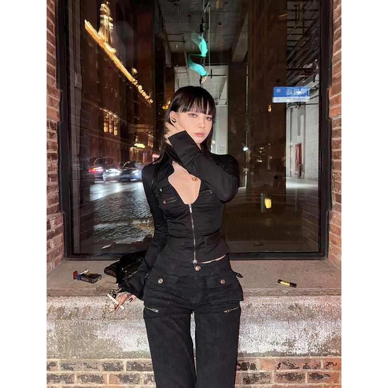 Aiertu Y2K Cropped Black Shirts Women Vintage Sexy V Neck Tunic Blouses Harajuku Gothic Aesthetic Long Sleeve Zipper Slim Tops Aiertu