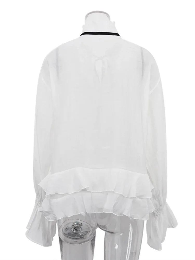 Aiertu  -  Sexy See-Through White Shirt Female Lace Up Ruffled Collar Long Sleeve Blouse 2026 Autumn Fashion Elegant Women's Shirt Aiertu