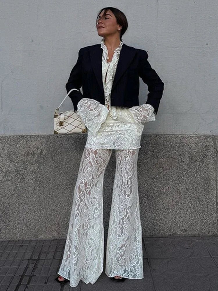 Aiertu  -  Women's Lace Long Pant Sets Sexy See Through Slim Cardigan Top High Waist Trousers Female Fashion Matching Sets Autumn Aiertu