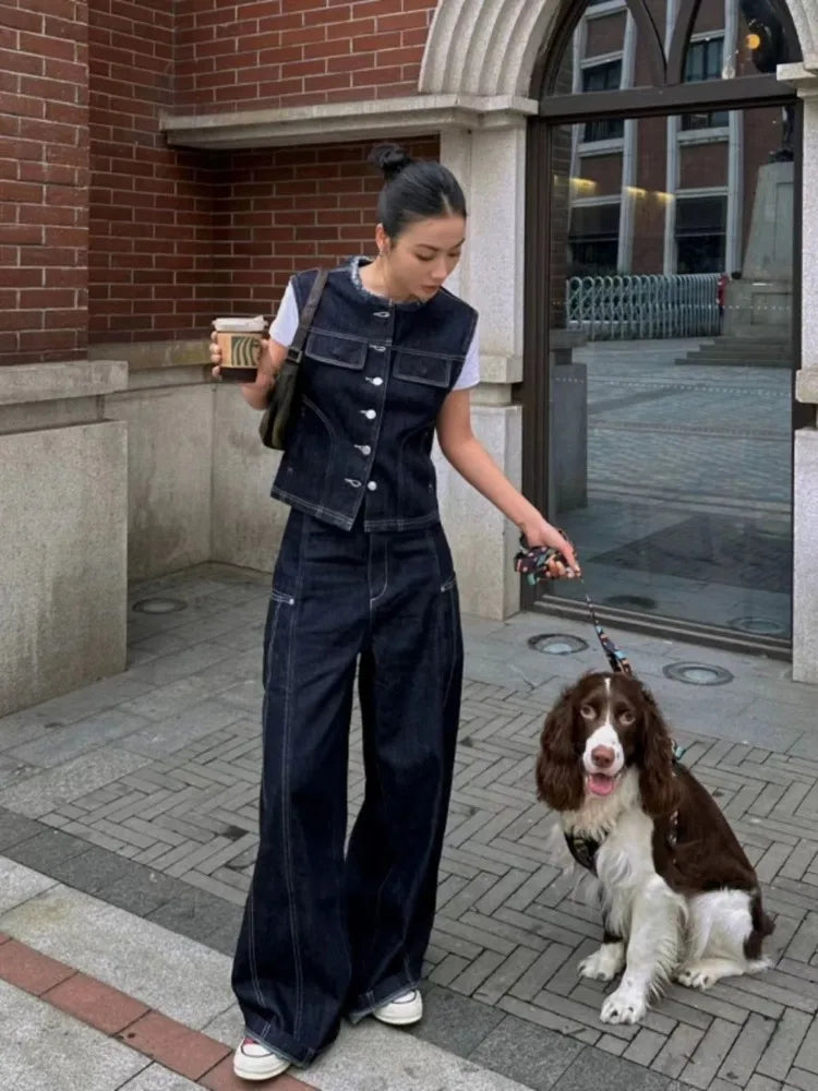 Aiertu  -  Korean Fashion Clothing Retro Denim Two Piece Set Women Outfits Spring and Summer Denim Vest Slimming Short Top Wide Leg Pants Aiertu